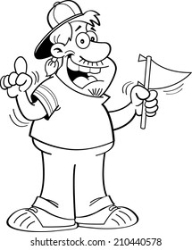 Black and white illustration of a sports fan waving a pennant.