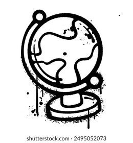 A black and white illustration of a spray painted globe with drips.