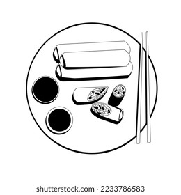Black and white illustration, spring roll, Chinese food, Asian food, manga style