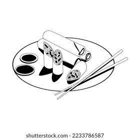 Black and white illustration, spring roll, Chinese food, Asian food, manga style