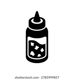 Black and white illustration of a squeeze bottle with a nozzle cap, containing liquid and small particles, isolated on a white background.
