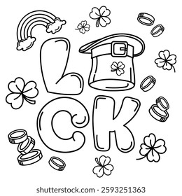 Black and white illustration for St. Patrick's Day with the word LUCK with clover, leprechaun hat, rainbow and gold coins. Perfect for coloring pages and holiday designs. Vector illustration