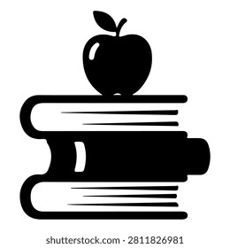 A black and white illustration of a stack of books with an apple on top, symbolizing education, knowledge, and learning.