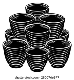 A black and white illustration of a stack of ceramic cups arranged in a pyramid formation.