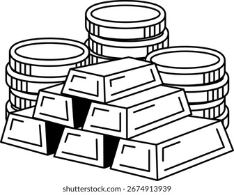 ilustração em preto e branco de Uma pilha de moedas e barras de ouro