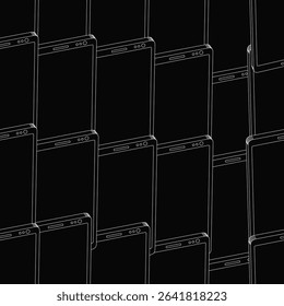 Black and white illustration of stacked cell phones with unique designs, arranged neatly in a vertical pile. The solid black background enhances contrast, creating a striking visual texture.