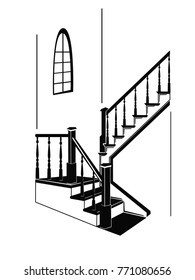 Black and white illustration of stairs indoors.