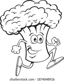Black and white illustration of a stalk of broccoli running while wearing athletic shoes.