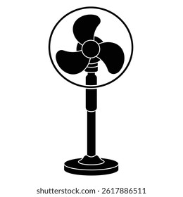 Black And White Illustration Of A Standing Electric Fan Silhouette Style