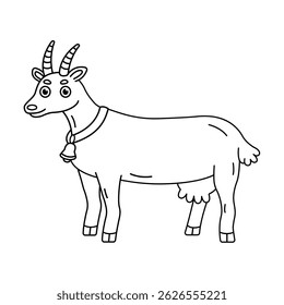 Black and white illustration of standing goat with bell on white background. Doodle drawing of farm pet for kids coloring book