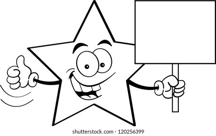 Black and white illustration of a star holding a sign.