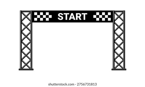a black and white illustration of a start line archway with a checkered flag pattern, commonly used in racing events such as marathons, triathlons, or car racing, symbolizing the beginning of a competition