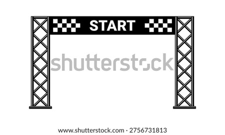 a black and white illustration of a start line archway with a checkered flag pattern, commonly used in racing events such as marathons, triathlons, or car racing, symbolizing the beginning of a competition