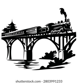 A black and white illustration of a steam train traveling across a bridge