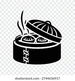 Black and white illustration of steaming dim sum in a traditional Chinese bamboo steamer basket with lid partially open, isolated on transparent background