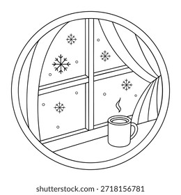 Ilustração em preto e branco de uma caneca de vapor em uma janela com flocos de neve fora do inverno