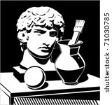 Black and white illustration of still life with cast Apollo head, jug and brush