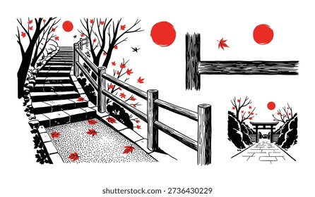 Black and white illustration of a stone staircase, torii gate, trees, and red maple leaves with sun symbols.