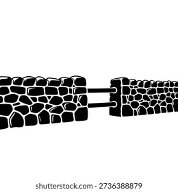 A black and white illustration of a stone wall with a gap in the middle, connected by two horizontal bars.