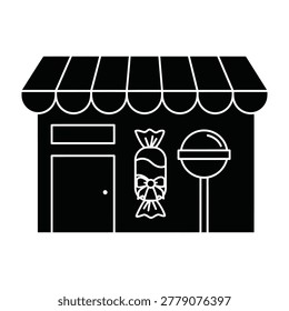 A black and white illustration of a storefront with a lollipop and wrapped candies on display, suggesting a sweet shop or candy store with a classic awning.