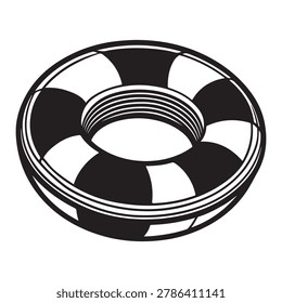 Black and white illustration of a striped inflatable life preserver ring for swimming safety rescue floatation device lifesaver buoy pool beach water sports