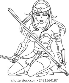 Ilustración en blanco y negro de una guerrera amazónica fuerte que se arrodilla y sostiene una espada