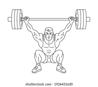 Black and white illustration of strong muscular weightlifter who lifting barbell.  Illustration of weightlifting snatch execution. Linear style svg