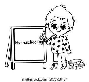 Black and white illustration of a student boy looking at camera in front of homeschooling board.