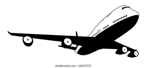 A black and white illustration of a stylised commercial jet plane svg