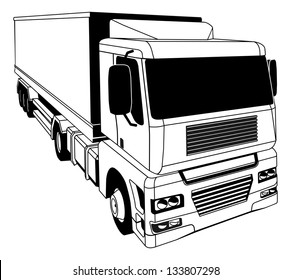 A black and white illustration of a stylised semi truck