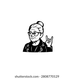 Black and white illustration of stylish elderly woman wearing glasses and leather jacket showing rock hand gesture