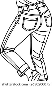 Ilustração em preto e branco de jeans elegantes e calças jeans com costura e design detalhados