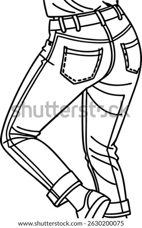 Black and white illustration of stylish jeans and denim trousers with detailed stitching and design