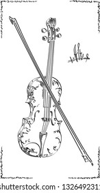 Black and white illustration of stylized (by flat brush stroke) graphic arts sketch of drawing alto with bow (viola).