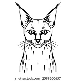 Black and white illustration, stylized cat portrait, lynx-like ears, large almond eyes, distinctive whiskers, minimalist line art, ink drawing style, intense feline gaze, sleek fur texture