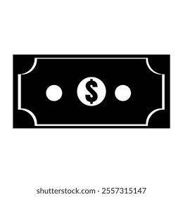 Black and white illustration, stylized dollar bill, minimalist design, symbolic money icon, rectangular frame, curved corners, simple geometric shapes, stark contrast, financial symbol. Vector