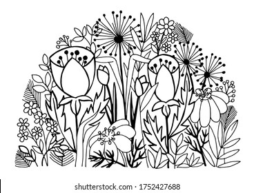 Black and white illustration of stylized flowers: daisy, buttercup, rose, leaves and others. Idea for cards, coloring books and children's art. Trace
