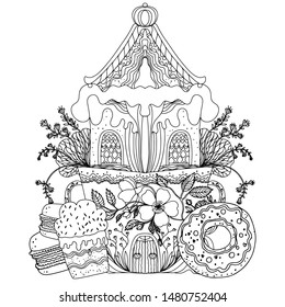 Black and white illustration of a stylized gingerbread house and sweets. Coloring for adults and children. Vector illustration