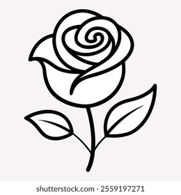Black and white illustration, stylized rose, minimalist design, bold outlines, simple curved lines, floral art, vector graphic.