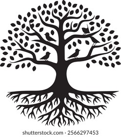 black and white illustration of a stylized tree 