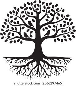 black and white illustration of a stylized tree 