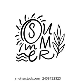 A black and white illustration of a sun in a circle, with the word summer written underneath. The design features a simple and elegant logo style with clean lines and a graphic pattern