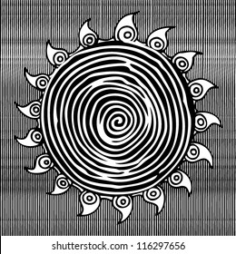 Black and white illustration of Sun on pattern lined background