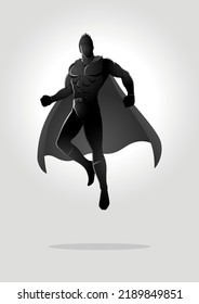 Black and white illustration of a superhero in flying pose