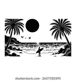 Black and white illustration of surfer standing on the beach with palm trees