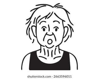 Ilustração em preto e branco de mulher idosa surpreendida isolada no fundo branco, design gráfico. conceito de emoção, expressão facial, personagem sênior, ícone, esboço, elemento de arte.
