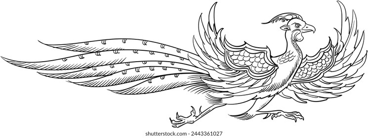 A black and white illustration of Suzaku.