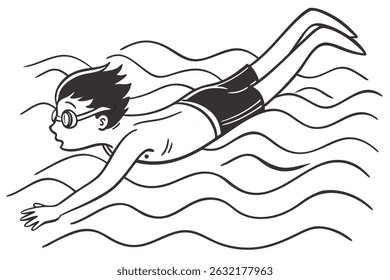 Ilustração em preto e branco de um nadador usando óculos movendo-se através da água para o conceito de verão