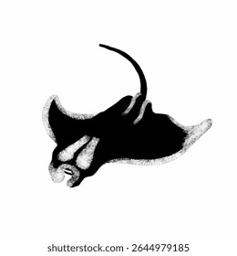 Black and White Illustration of a Swimming Manta Ray Silhouette