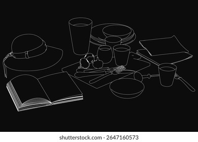 Ilustração em preto e branco de um cenário de mesa com um chapéu, óculos, pratos e talheres organizados perfeitamente. Um livro acrescenta um toque literário à composição.